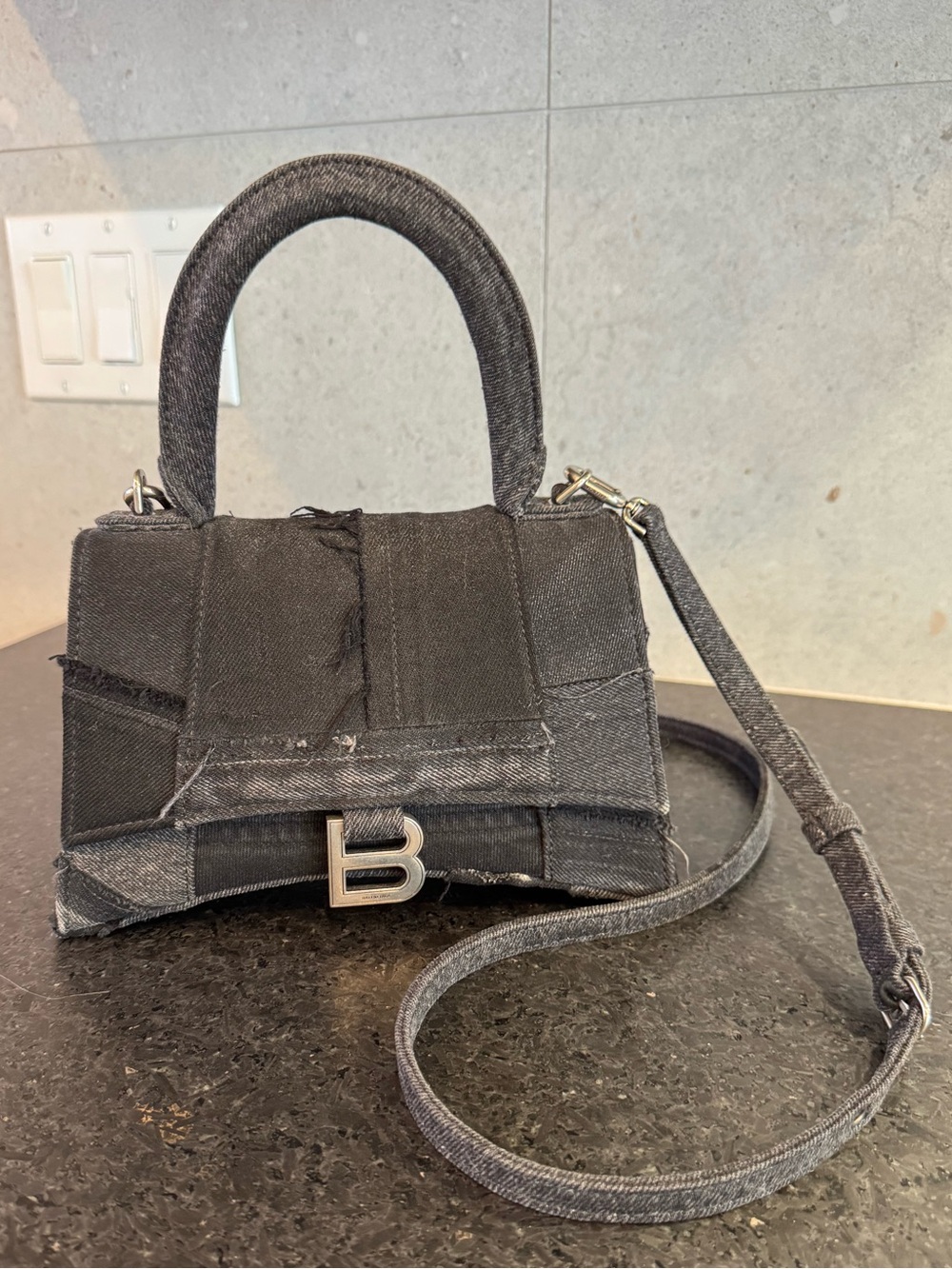 Balenciaga Hourglass Small Bag – Black Denim Patchwork – Very Good Condition